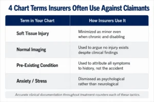 Infographic showing 4 medical chart terms that insurers commonly use to minimize Ontario personal injury claims