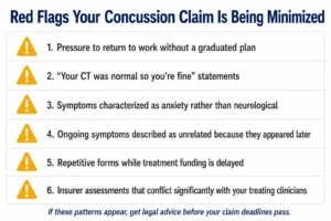 Infographic showing 6 red flags that a concussion claim is being minimized by an insurer in Ontario