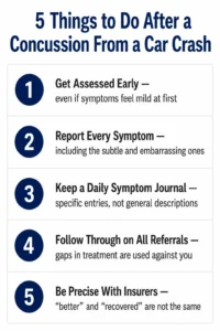 Infographic showing 5 steps to take after a concussion from a car accident in Ontario