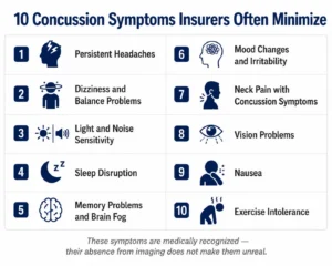 Infographic showing 10 concussion symptoms after a car accident that insurers commonly minimize in Ontario claims