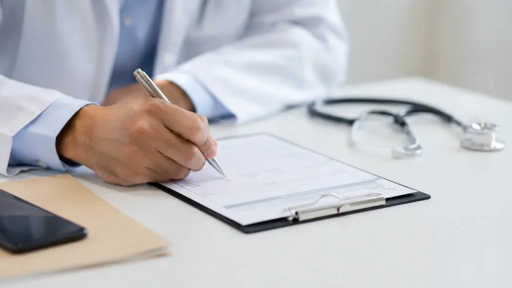 Doctor writing clinical notes relevant to a personal injury claim in Ontario