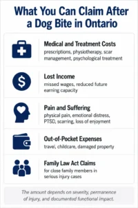 Infographic showing 5 categories of compensation claimable after a dog bite in Ontario