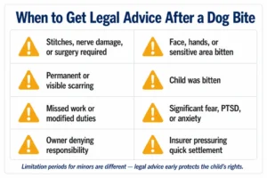 Infographic showing 8 situations where legal advice should be sought after a dog bite in Ontario