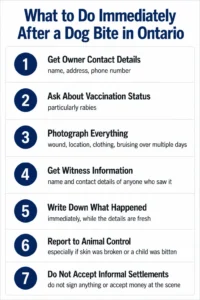 Infographic showing 7 immediate steps to take after a dog bite in Ontario