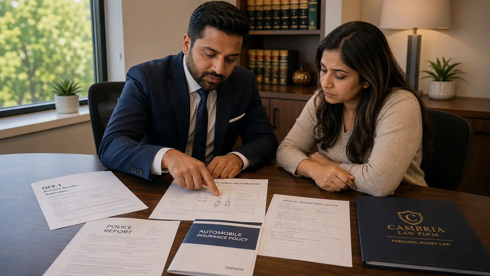 Personal injury lawyer reviewing a collision report and insurance documents with a client injured by an impaired driver at a Mississauga law office.