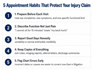 Infographic showing 5 appointment habits that protect an Ontario personal injury claim