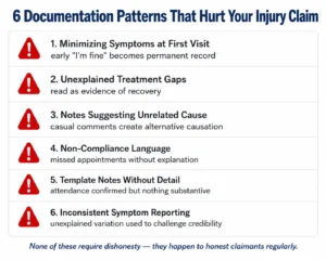 Infographic showing 6 documentation patterns that commonly hurt Ontario personal injury claims