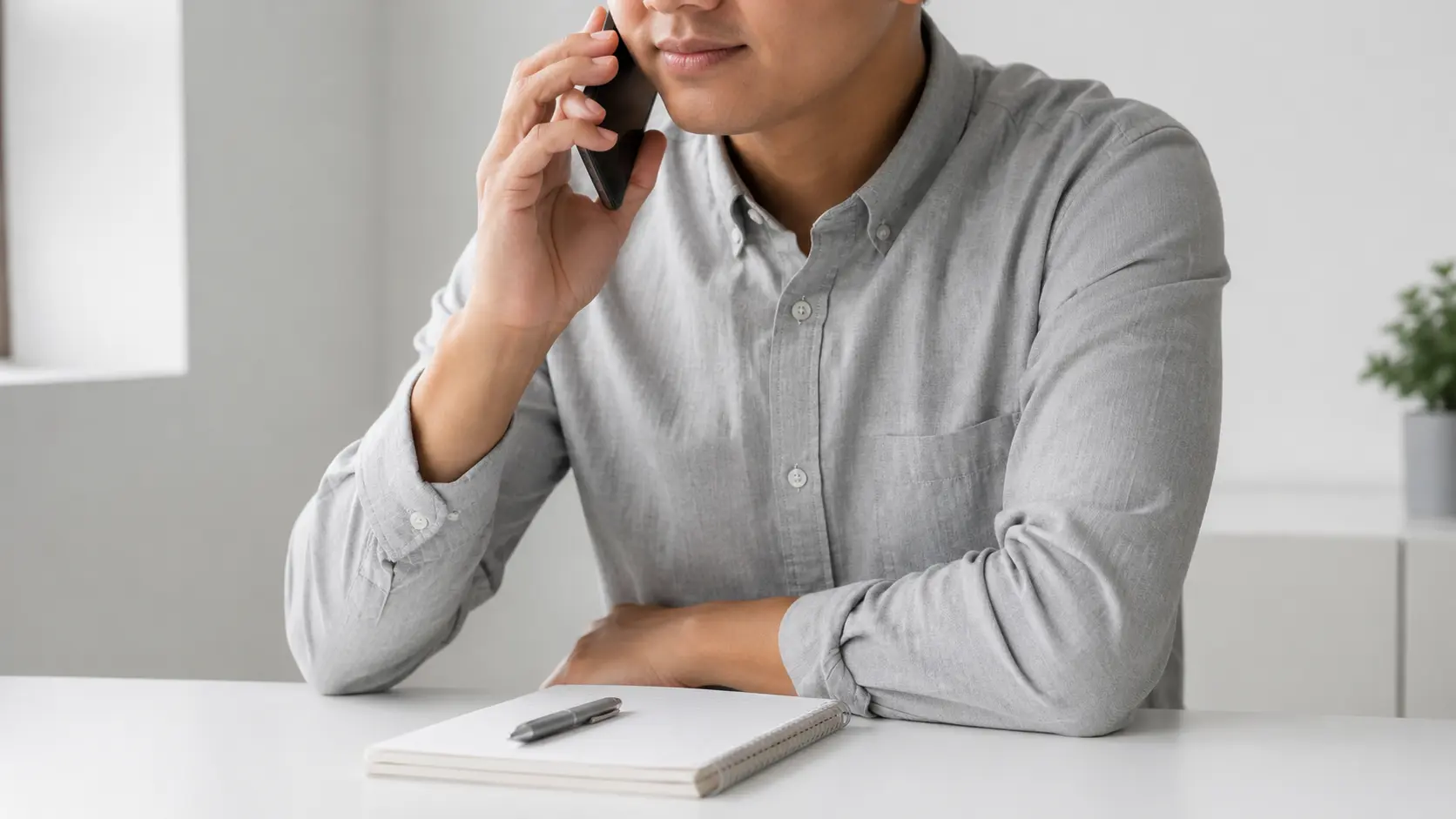 Person carefully considering their response during an insurance recorded statement call in Ontario