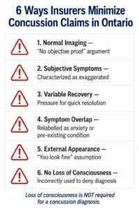 Infographic showing 6 ways insurers minimize concussion claims in Ontario personal injury cases