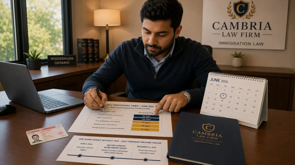 Immigration consultant reviewing updated IRCC processing times for work permits visitor visas and super visas in June 2026 at a Mississauga law office