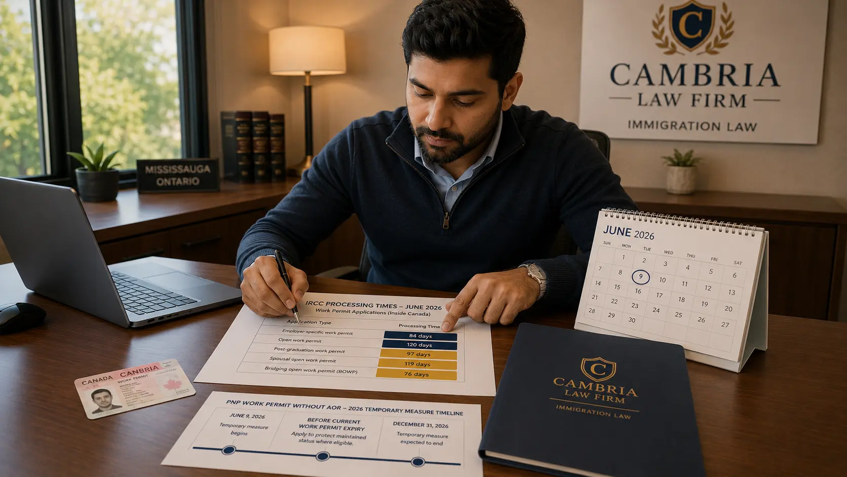 Immigration consultant reviewing updated IRCC processing times for work permits visitor visas and super visas in June 2026 at a Mississauga law office