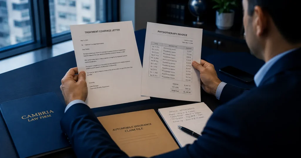 Person reviewing a treatment coverage letter at a desk after an accident in Ontario.