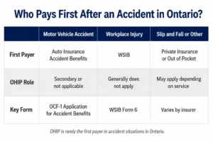 Infographic comparing who pays first after an accident in Ontario — auto insurance accident benefits, WSIB, or private insurance versus OHIP