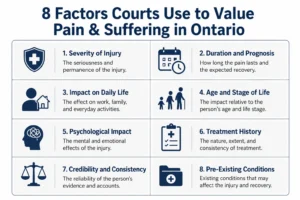 Infographic showing 8 factors Ontario courts use to determine pain and suffering claim value