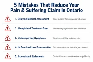 Infographic listing 5 common mistakes that reduce pain and suffering claim value in Ontario personal injury cases