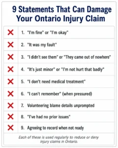 Infographic listing 9 statements to avoid during an insurance recorded statement in Ontario