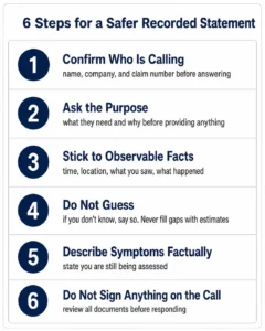 Infographic showing 6 steps for a safer insurance recorded statement in Ontario after a car accident