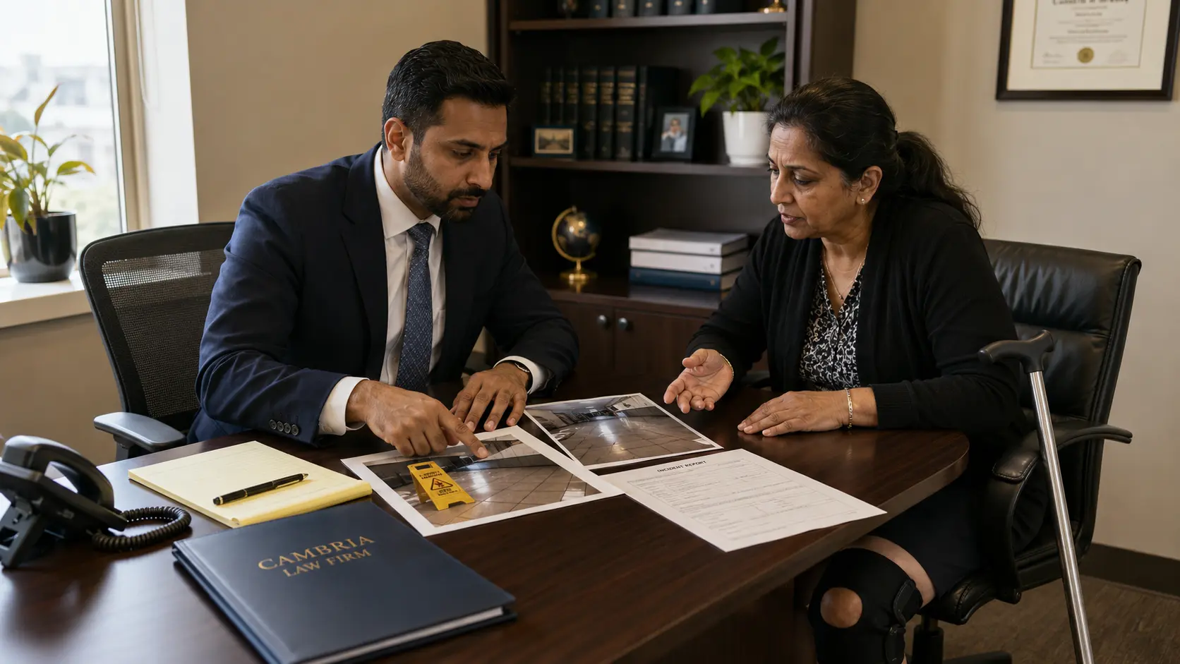 Personal injury lawyer reviewing photographs of a wet floor and incident report with a client injured in an indoor slip and fall in Mississauga