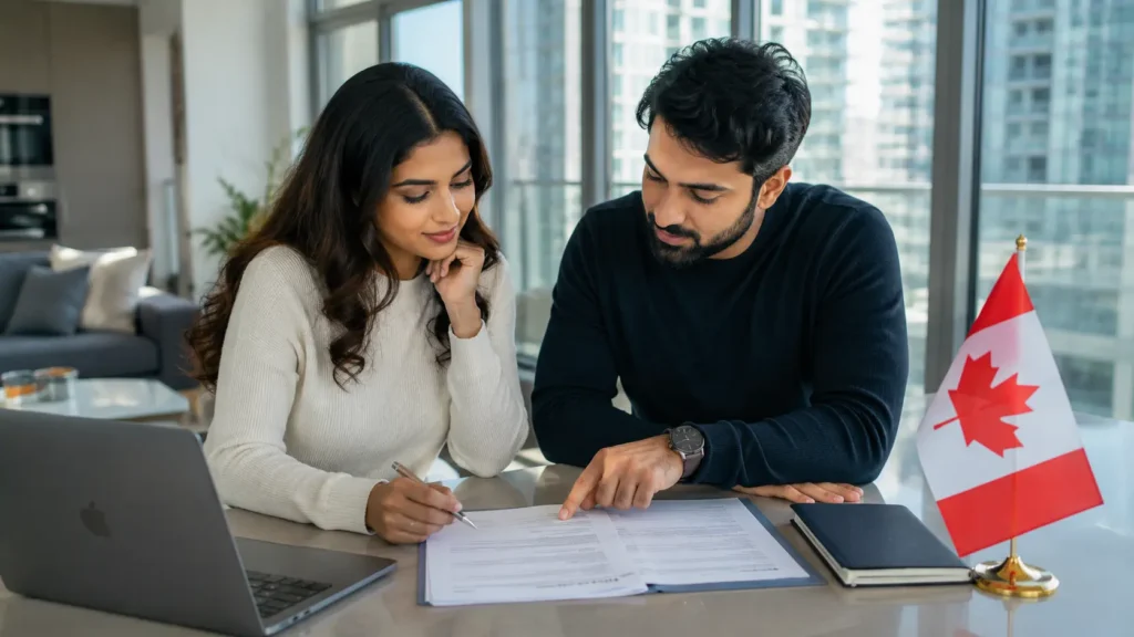 South Asian couple reviewing Canadian spousal sponsorship documents at a desk in Mississauga Ontario 2026