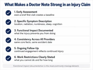 Infographic showing 6 elements that make a doctor note strong in an Ontario personal injury claim