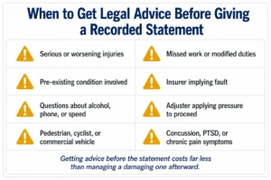Infographic showing 8 situations where legal advice should be sought before giving an insurance recorded statement in Ontario