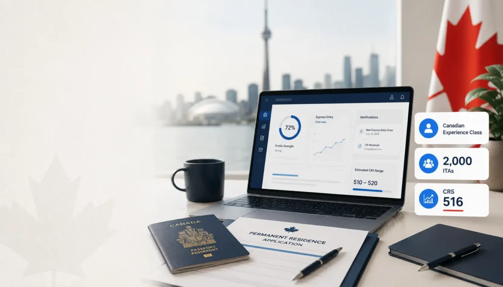 Express Entry Canadian Experience Class draw July 21, 2026 showing 2,000 invitations issued and CRS score of 516 for permanent residence applicants.