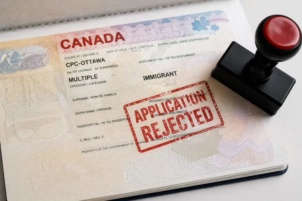 Person reviewing a Canada permanent residence refusal letter at a desk