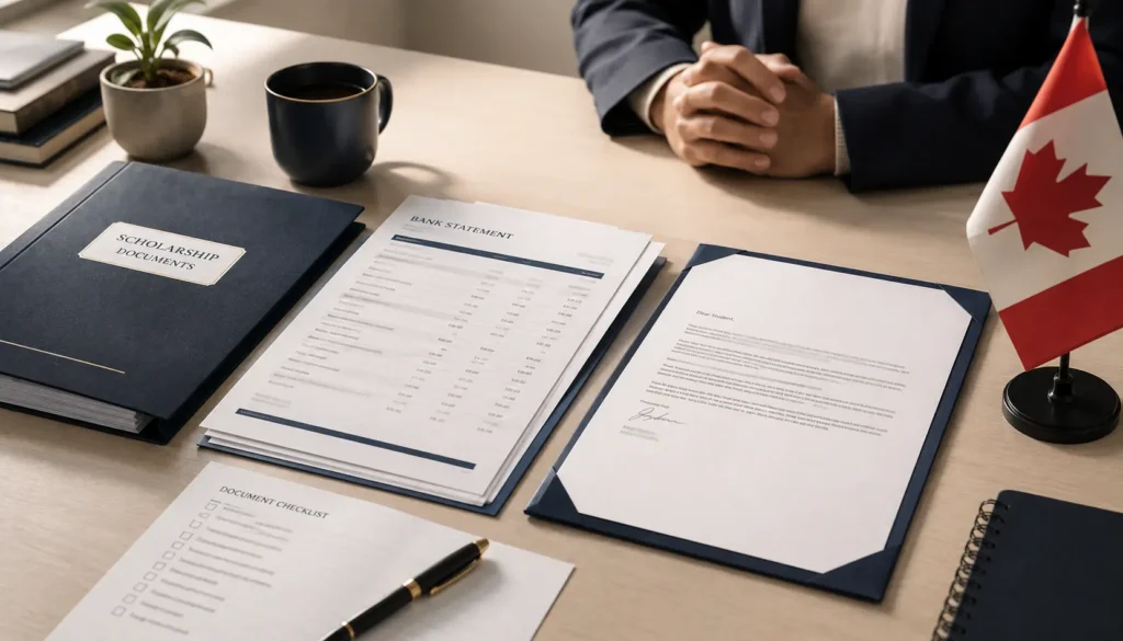 International student reviewing financial documents for a Canadian study permit application including bank statements and a letter of acceptance