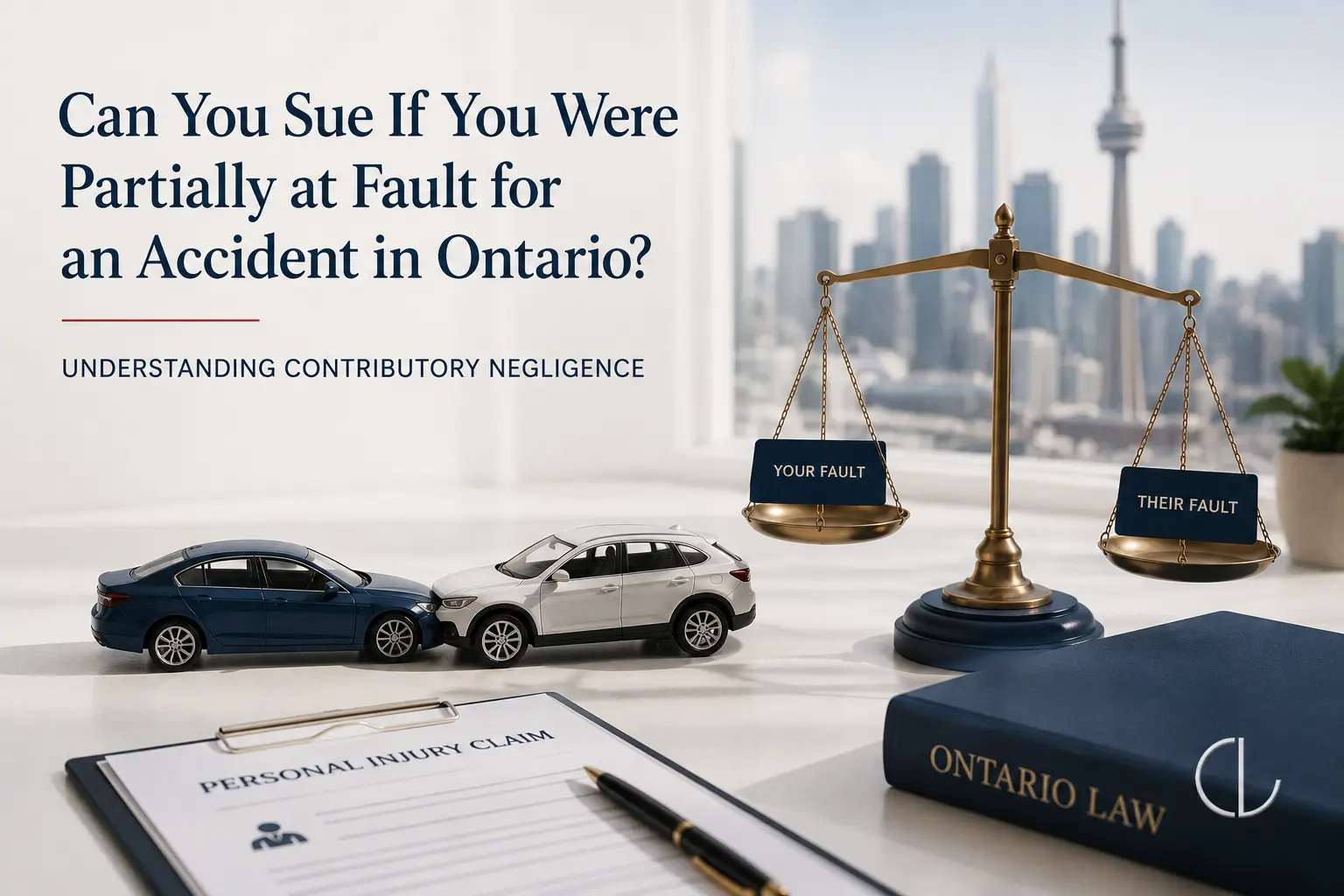 Balance scale labelled Your Fault and Their Fault beside two model cars in a collision and an Ontario Law book, representing contributory negligence in an Ontario personal injury claim