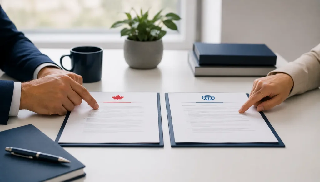 Couple reviewing inland vs outland spousal sponsorship options in Canada with a map and documents on a desk