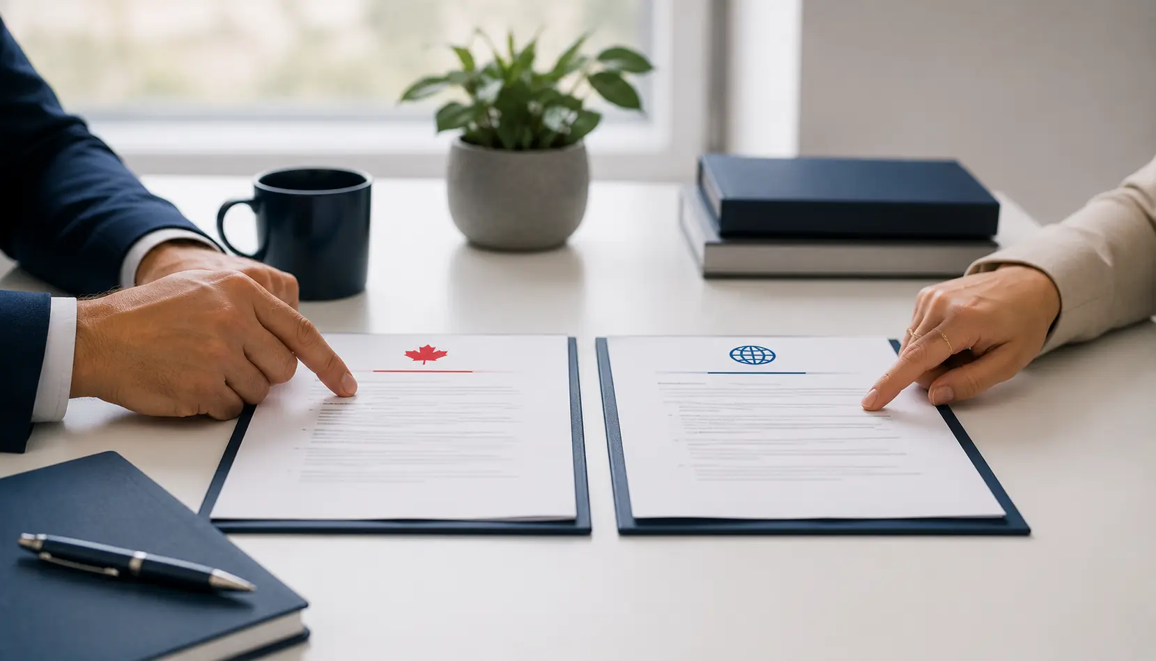 Couple reviewing inland vs outland spousal sponsorship options in Canada with a map and documents on a desk