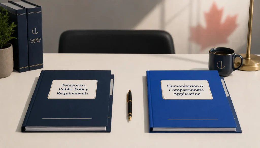 Two separate immigration folders labelled Temporary Public Policy Requirements and Humanitarian and Compassionate Application on a law office desk, representing the legal distinction between the two pathways under IRCC's July 2026 guidance
