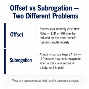 Infographic clearly separating LTD offset from subrogation in Ontario — offset affects monthly benefits now, subrogation affects settlement proceeds later