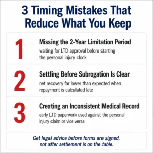 Infographic showing 3 timing mistakes that reduce net recovery when managing both LTD and a personal injury claim in Ontario