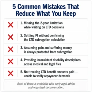 Infographic showing 5 common mistakes that reduce net recovery when managing LTD and a personal injury claim in Ontario