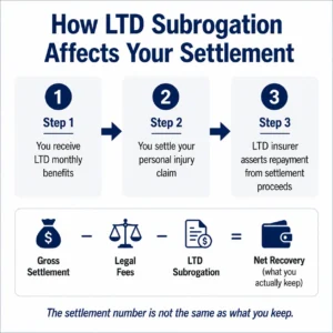 Infographic showing how LTD subrogation reduces net recovery from a personal injury settlement in Ontario