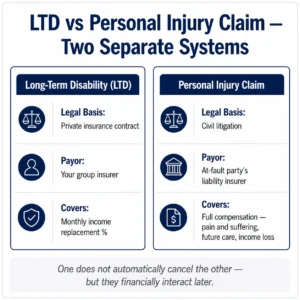 Infographic comparing long-term disability benefits and personal injury claims as two separate legal systems in Ontario