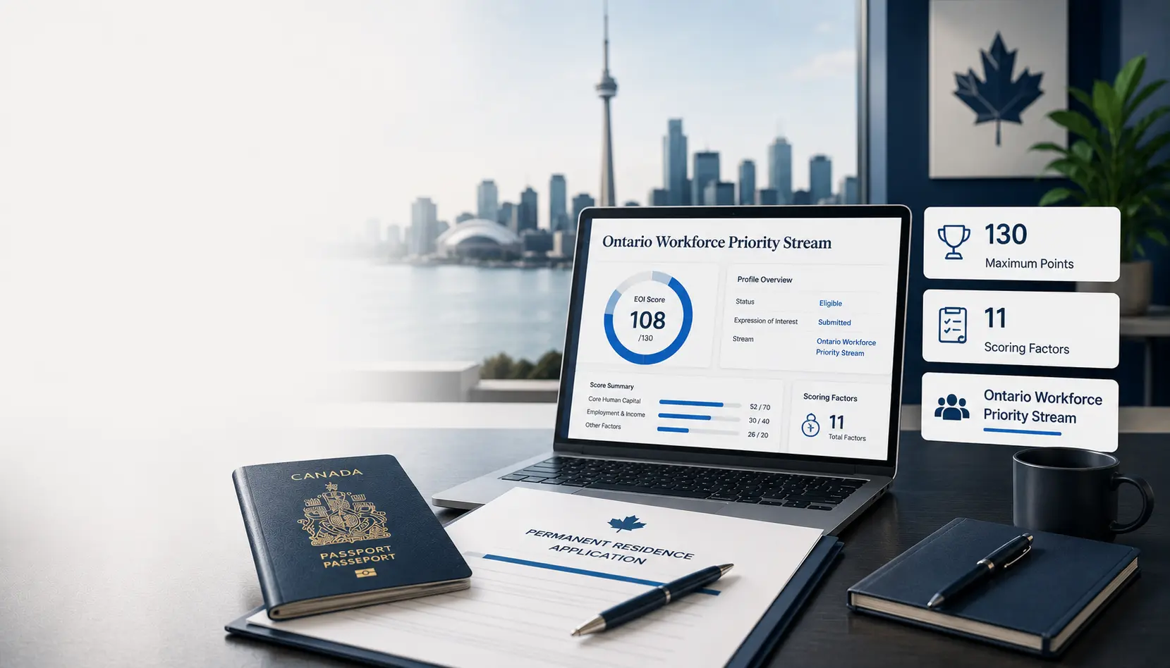 Ontario Workforce Priority Stream EOI points guide showing work experience, language, education and regional employment factors.