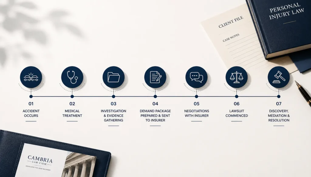 Timeline graphic showing the stages of a personal injury lawsuit in Ontario from accident to settlement or trial