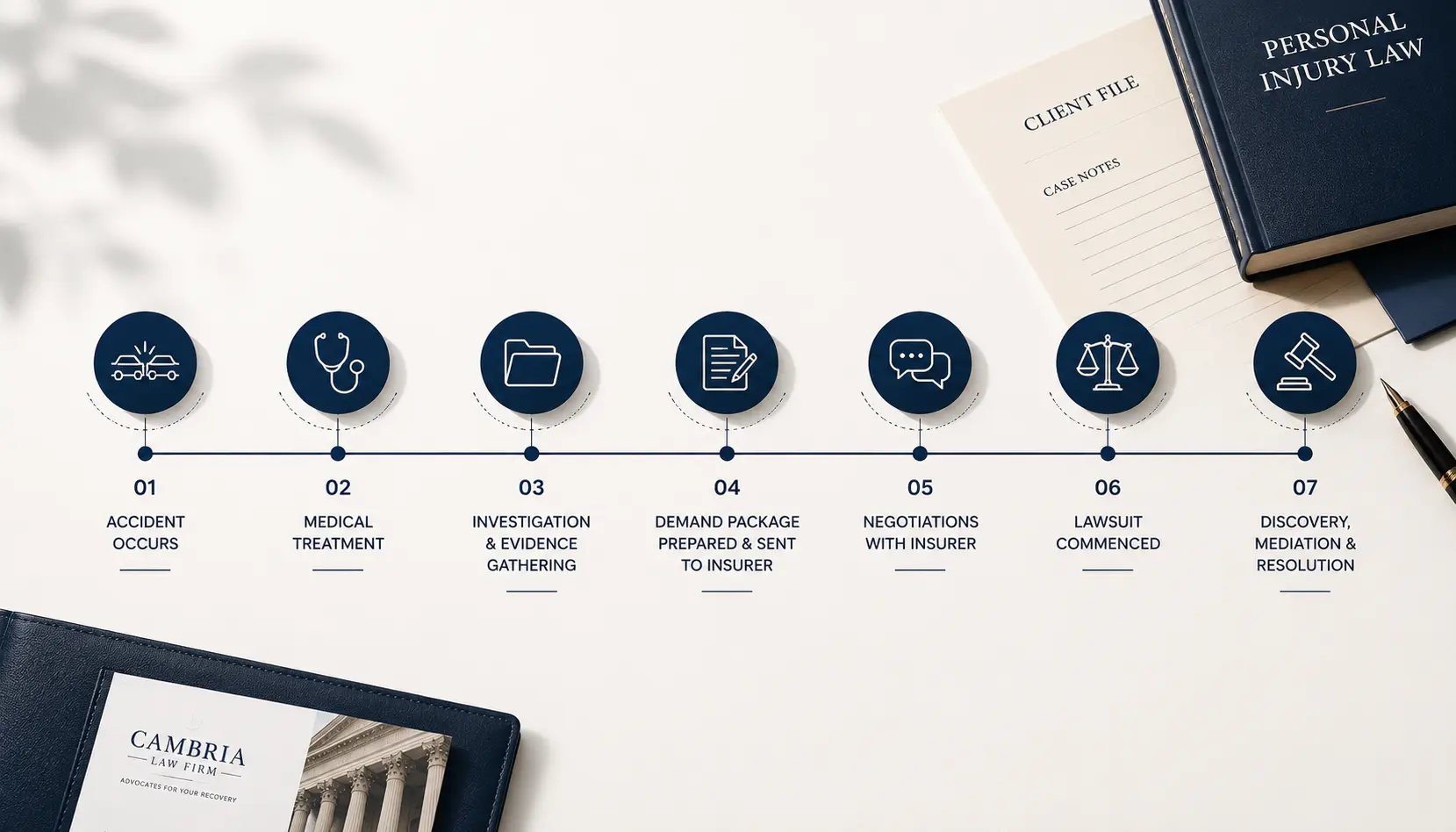 Timeline graphic showing the stages of a personal injury lawsuit in Ontario from accident to settlement or trial