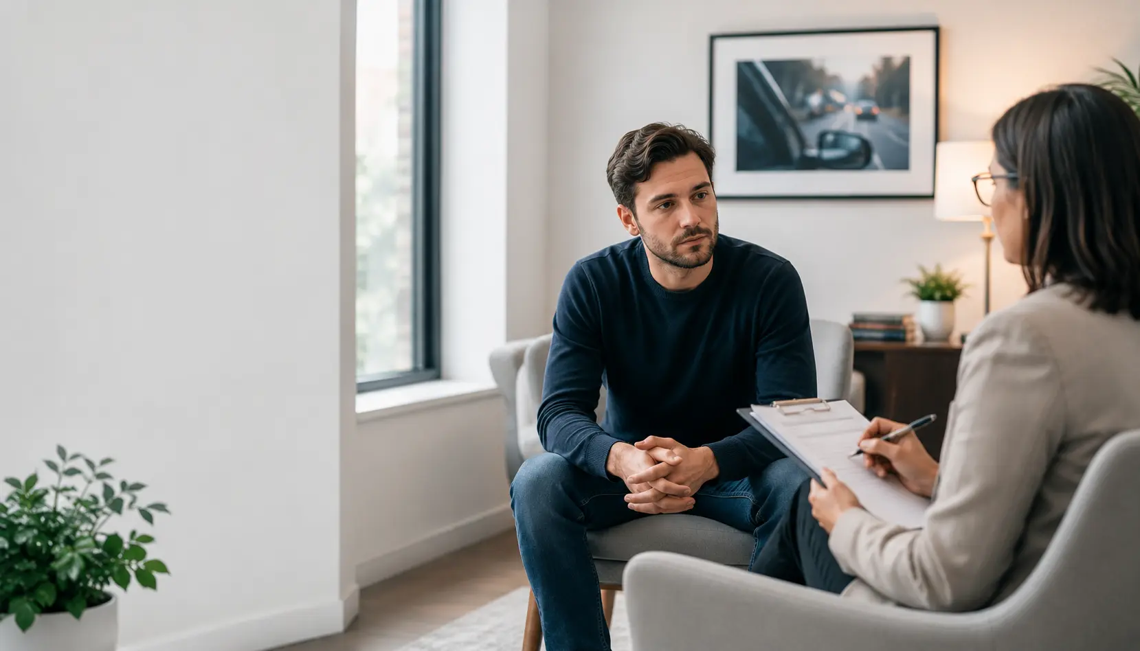 Person experiencing psychological trauma after a motor vehicle accident while speaking with a healthcare professional in Ontario