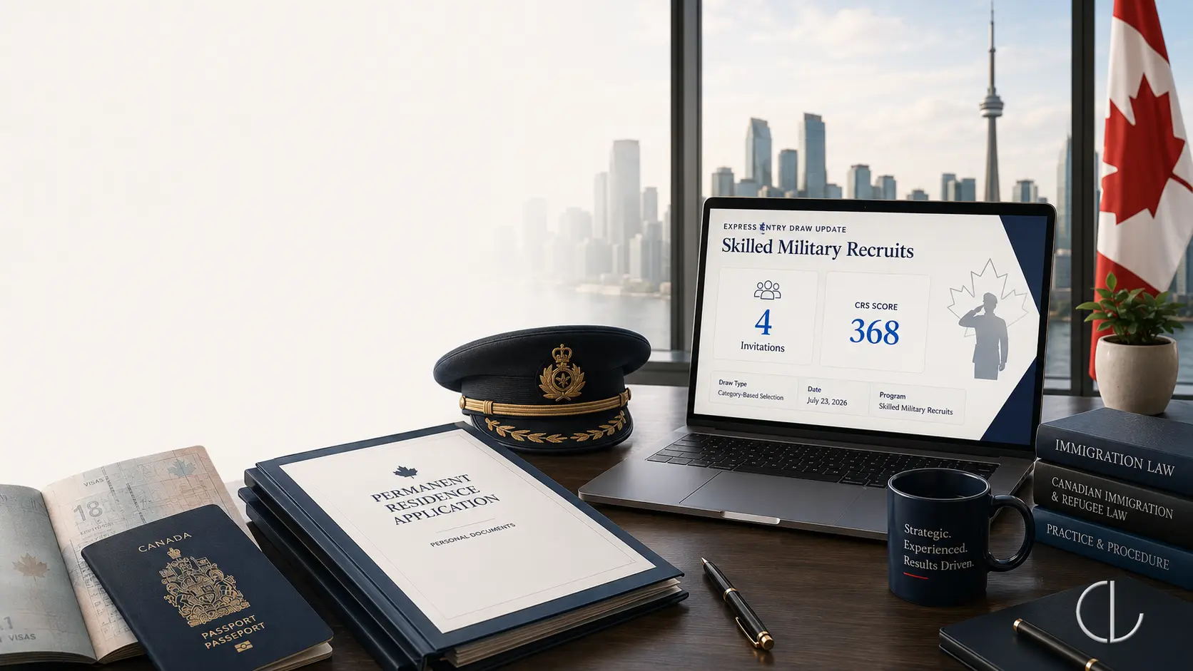 Illustration representing Canada's first Skilled Military Recruit Express Entry draw with 4 invitations issued and a CRS cutoff of 368.