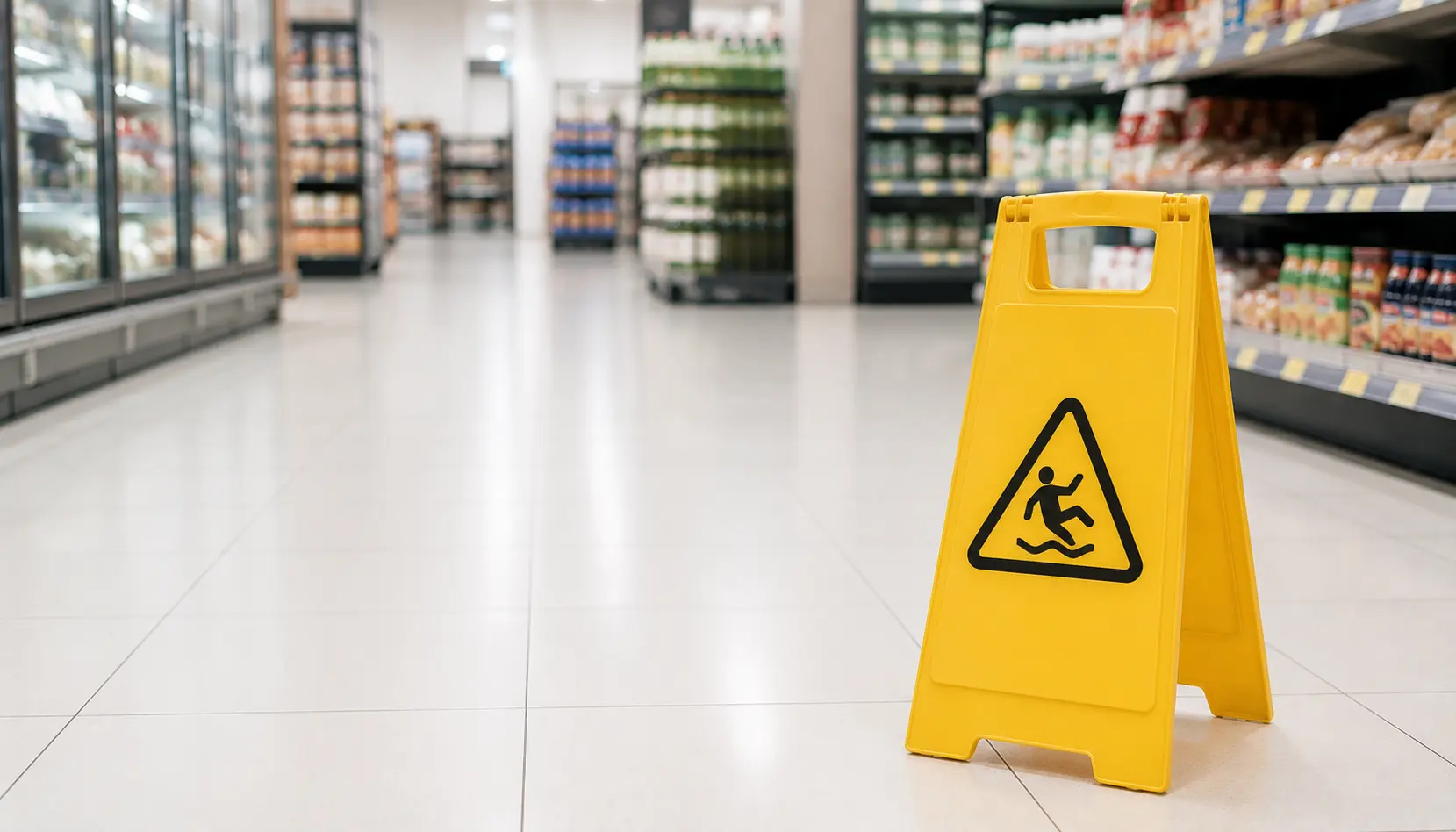 Yellow wet floor caution sign in a grocery store aisle in Ontario after a slip and fall accident