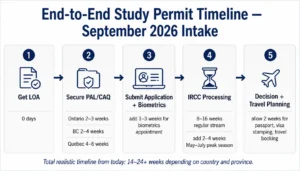 Infographic showing end-to-end Canada study permit timeline from LOA to arrival for September 2026 intake