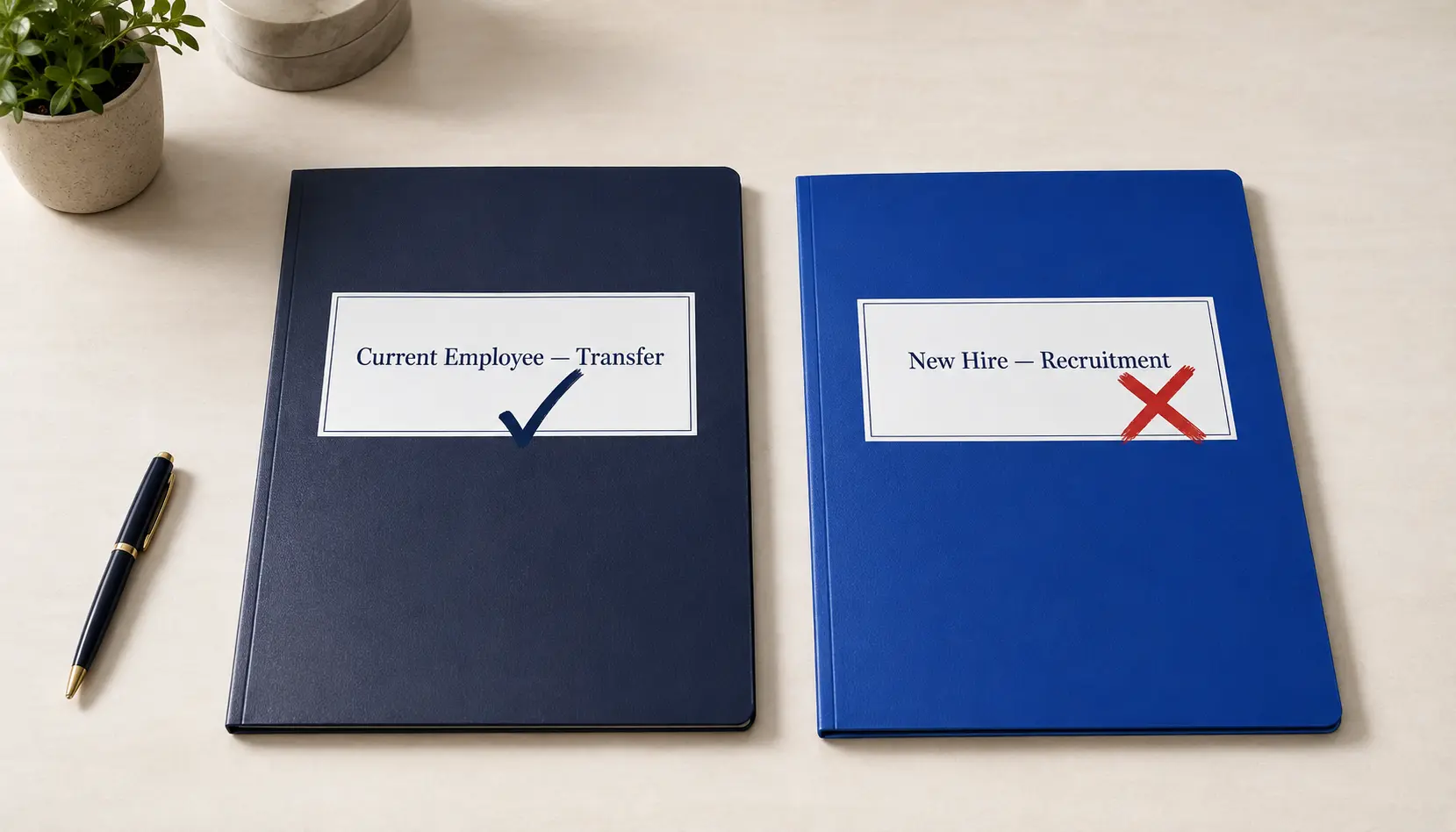 Two folders on a corporate desk labelled Current Employee Transfer and New Hire Recruitment — a checkmark over the first and a red X over the second, representing Canada's July 2026 restriction of the C20 LMIA-exempt work permit to current employees only