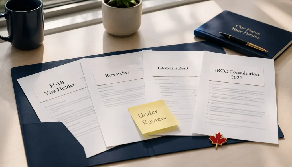 Four consultation documents on a desk labelled H-1B Visa Holder, Researcher, Global Talent and IRCC Consultation 2027 with a yellow Under Review sticky note, representing Canada's four potential 2027 Express Entry priorities under consultation