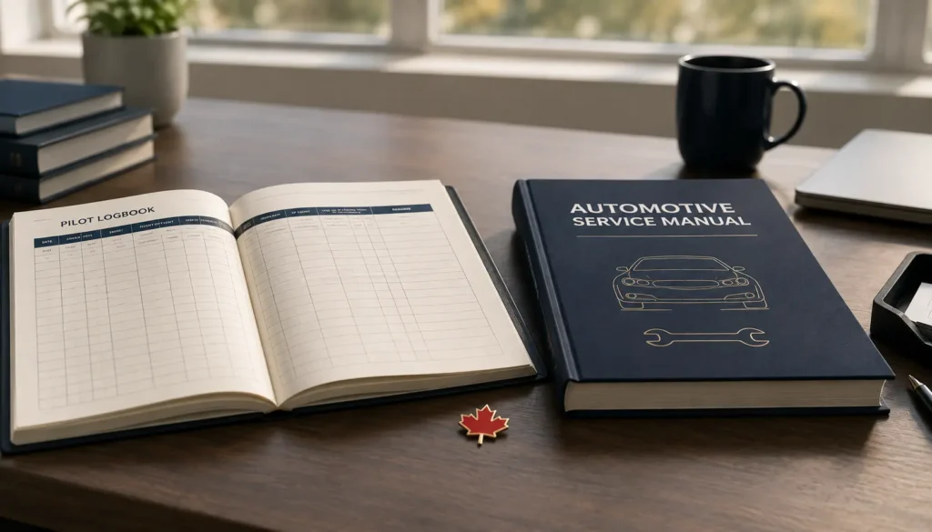 Pilot logbook and automotive service manual on a desk with a Canadian maple leaf pin, representing the Transport Express Entry category occupations eligible for the August 7 2026 draw at CRS 470