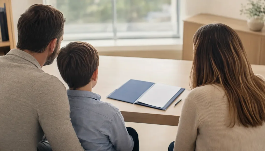 Family of three seated across a desk with a personal injury lawyer reviewing Family Law Act claim options after a serious injury in Ontario