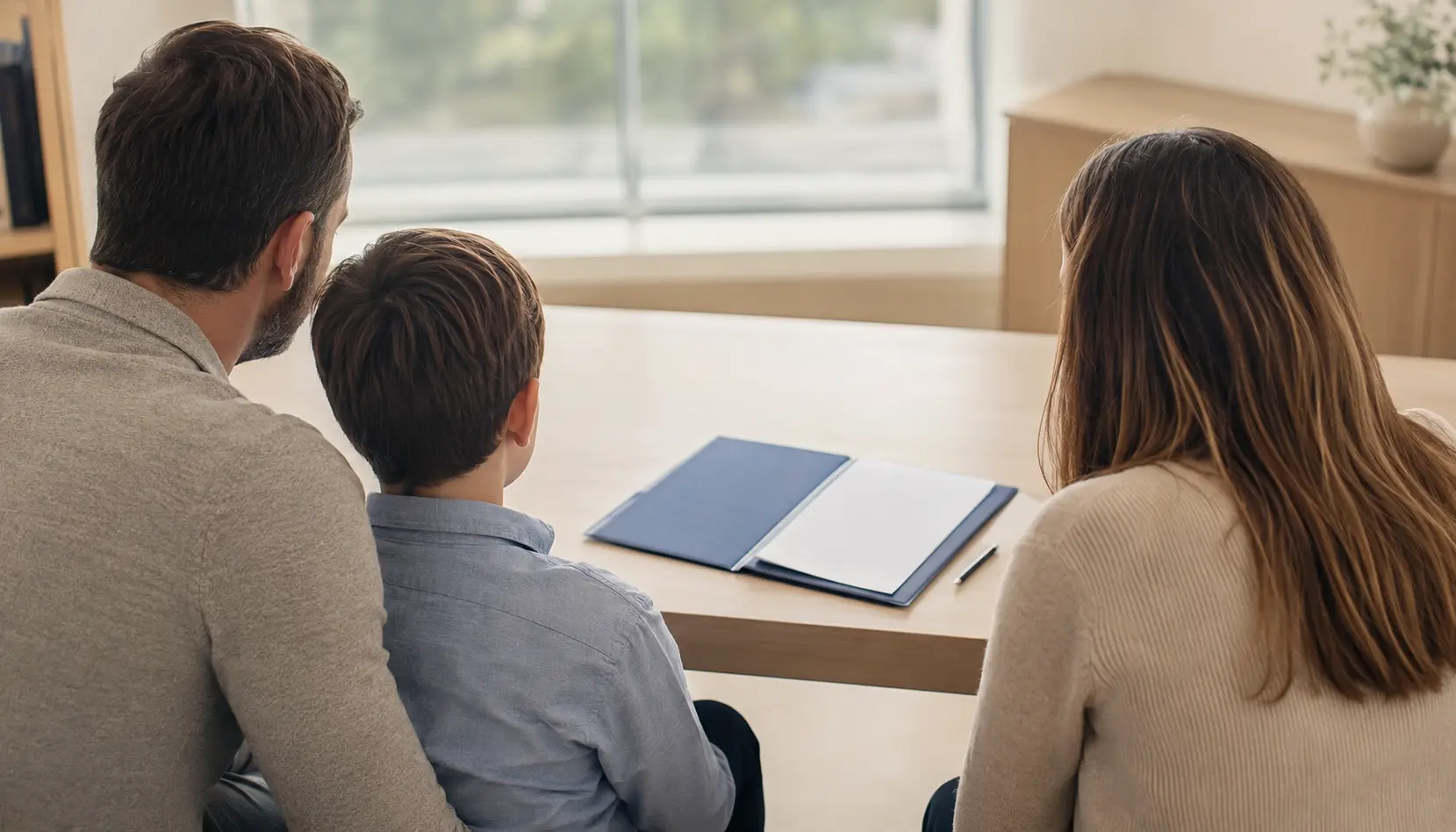 Family of three seated across a desk with a personal injury lawyer reviewing Family Law Act claim options after a serious injury in Ontario