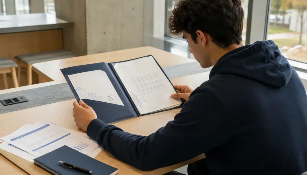 French-speaking international student reviewing a letter of acceptance and financial documents at a modern Canadian college desk, representing the Francophone Minority Communities Student Pilot study permit and PR pathway
